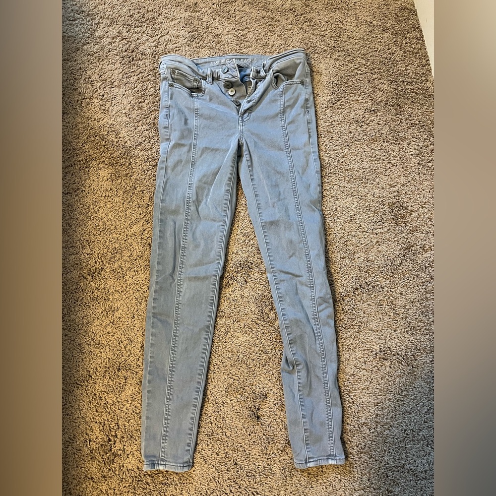 American Eagle grey button fly skinny jeans EUC